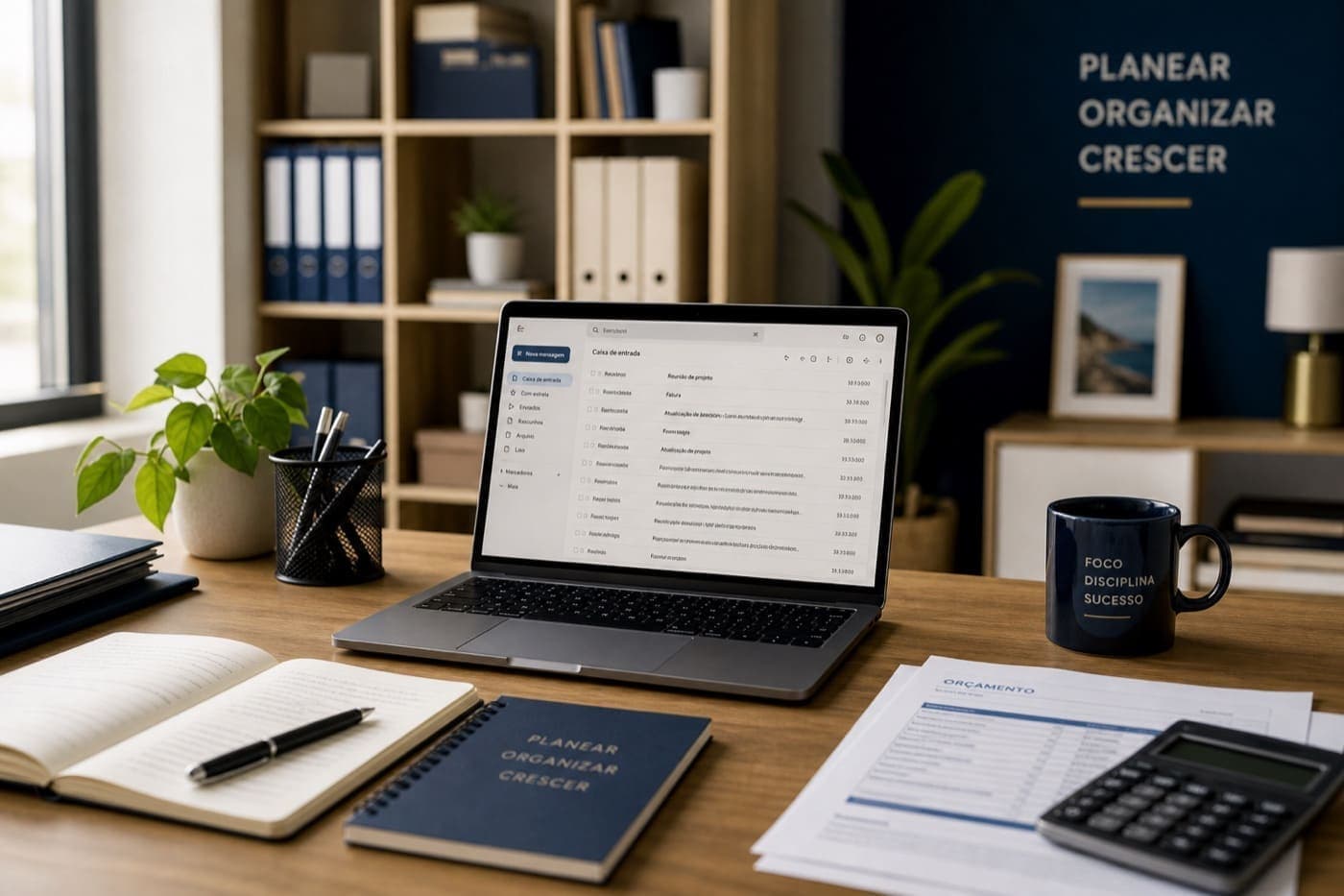 Escritório de PME portuguesa com laptop e ambiente de trabalho profissional