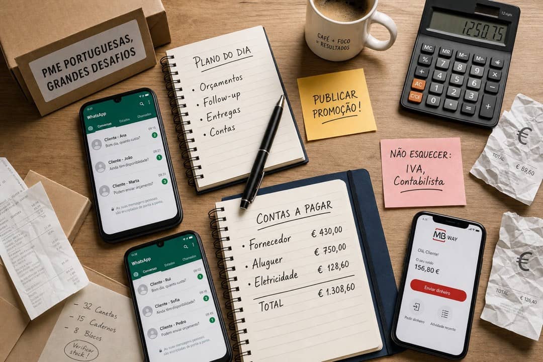 Mesa de trabalho de uma PME portuguesa com WhatsApp, MB WAY, orçamentos e contas a pagar sem sistema organizado